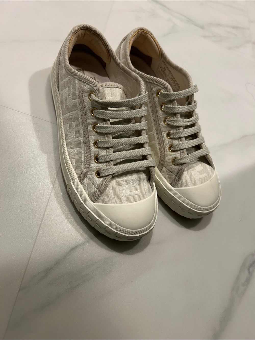 Fendi Beige Monogram Canvas Low-Top Sneakers